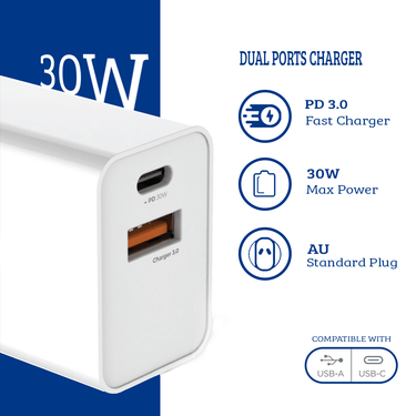 30W Dual Ports Charging Adapter:Power and Versatility Combined- White